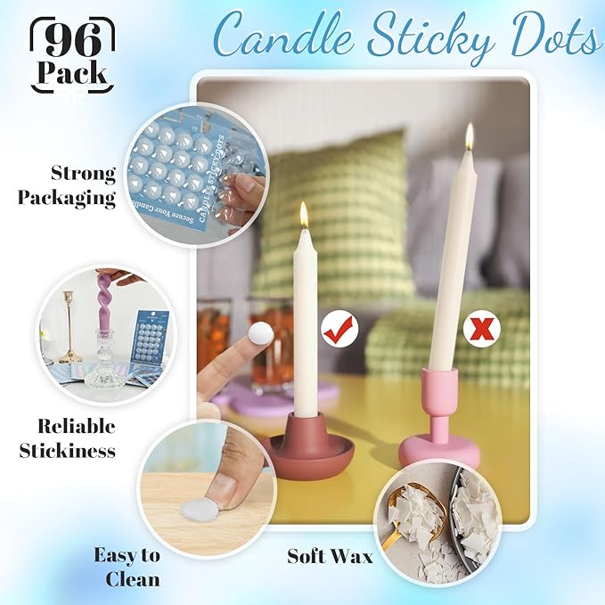 White Wax Candle Adhesive Dots - Unscented Sticky Dots for Taper Candles,Secure & Traceless Hold,Easy Clean DIY Candle Holders,Wedding & Home Decor 96/Pack