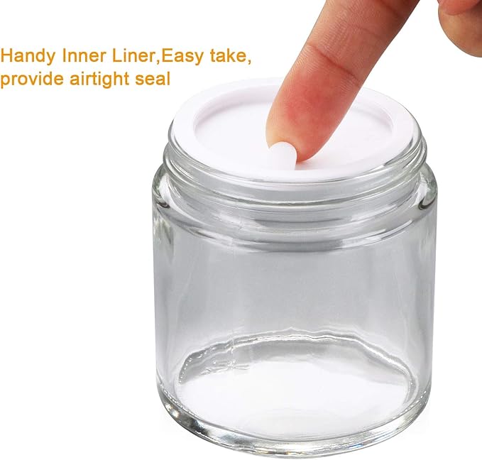 Encheng 12Pack of 4 oz Clear Round Glass Jars, with Inner Liners and black Lids,Empty Cosmetic Containers,Cream jars