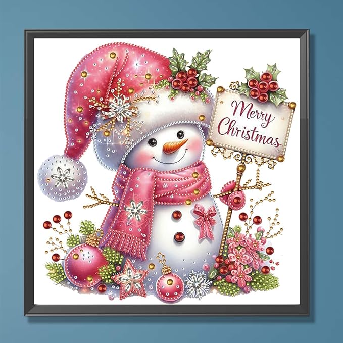 Pink Snowman 5D Special Shape Diamond Art Kits for Beginners, Christmas Winter Theme Diamonds Painting Kits for Adults,DIY Crystal Rhinestones Diamond Paintings for Home Wall Decor 12×12Inch