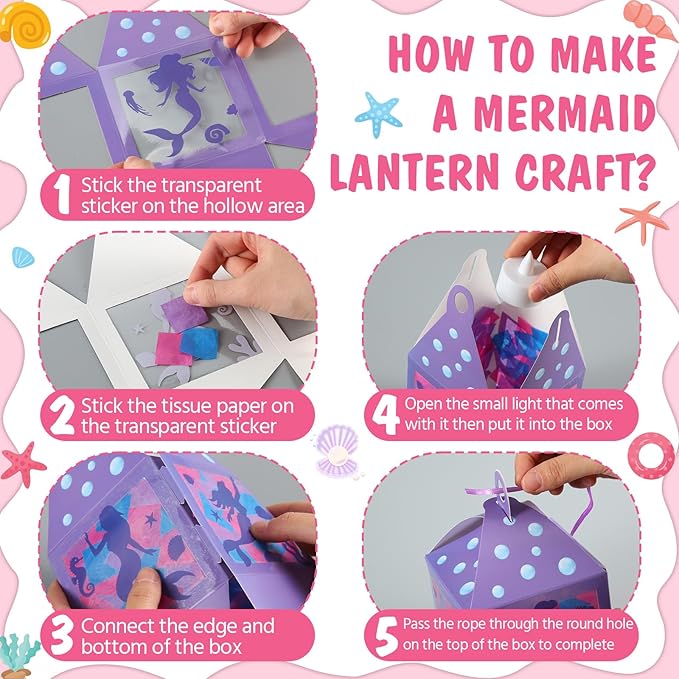 Simgoing 12 Sets Mermaid Lanterns Crafts with LED Candles Mermaid Tissue Paper Crafts Kits DIY Paper Lanterns for Party Decor Activities
