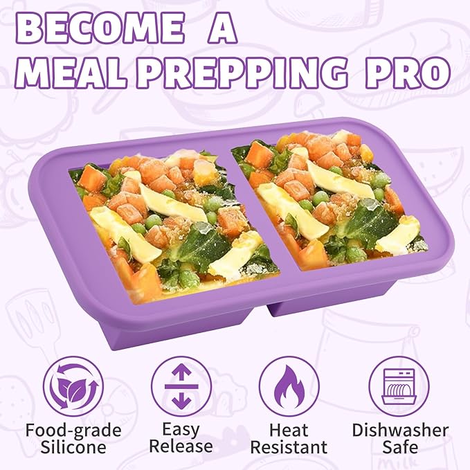 SHIKORI Silicone Freezer Tray With Lid, Silicone Freezer Food Molds, Large Ice Cube Tray, Silicone Freezer Container,Freeze & Store Soup, Sauce, Broth,Leftovers (Purple-2 Cups)