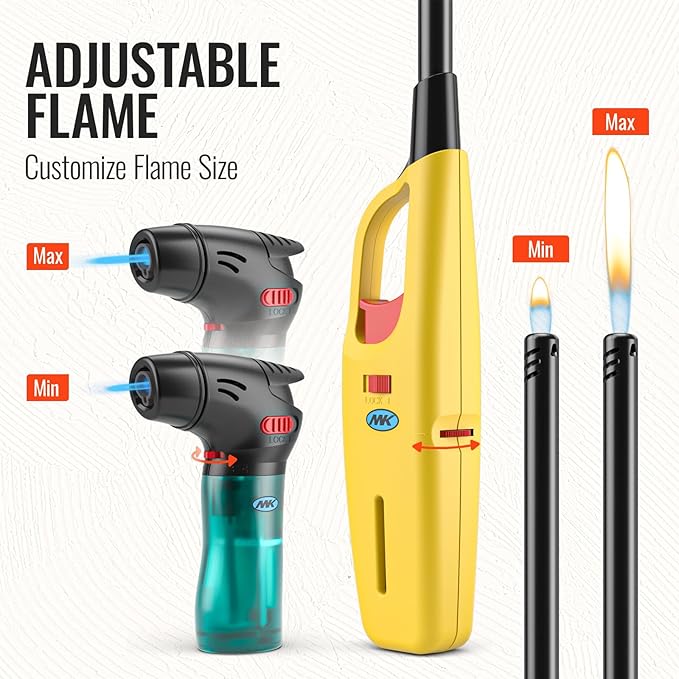 MK Lighter 3-Pack Multi-Purpose Butane Lighters – 2 Large Long Lighters Soft Flame Utility + 1 Mini Torch, Assorted Colors for Candles, Camping & Outdoor Use (Random Color Combo 3PC)