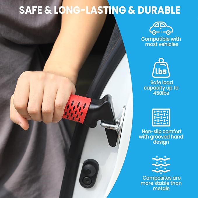 CAidRE Car Door Handle for Elderly, Car Handle Assist Support, Portable Elderly Assistance Mobility Aids Auto Grab Cane with Strap for Seniors and Handicapped Getting Out of Car, Red, 2 Pack