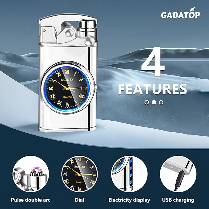 GADATOP Electric Lighter Rechargeable USB Lighter Flameless Windproof Lighters Personalized Creative Rocker Double Arc Plasma Lighters with Luminous Dial LED for Men and Women Gifts (Silver Ice)
