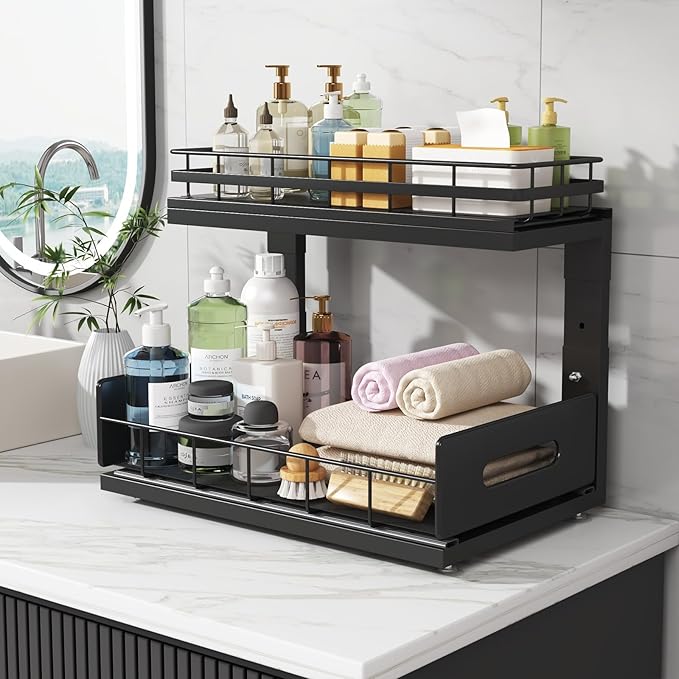 Under Sink Organizer Upgrade To Professional Rails,2-Tier Dual Pull Out Cabinet Storage,Height Adjustable Slide Out Drawers For Bathroom Kitchen,2 Pack-14.5"Dx12.8"-16.9"H,Black