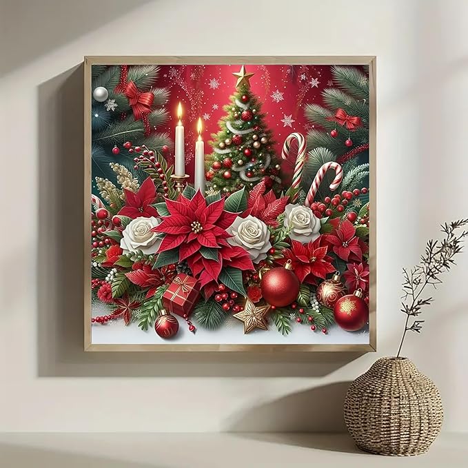 Christmas Poinsettia Tree Diamond Art Painting Kits for Adults, Candle Diamond Painting Kits for Adults Beginners, 5D DIY Full Drill Diamond Dot Gem Art Kits for Adult, Home Wall Decor 13.8x13.8 Inch