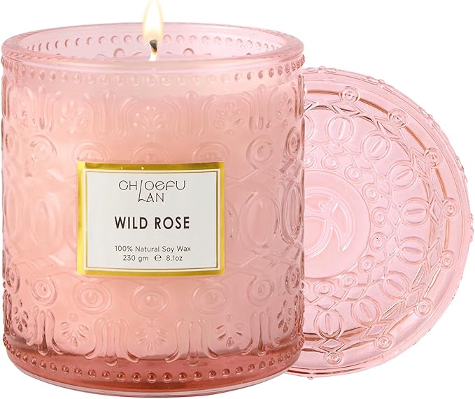 Chloefu LAN Wild Rose Candle, Mother Day Candles Gifts for Women, Luxury Jar Candle for Home Scented, Natural Soy Wax, Pink Candles for Home Scented, 55 Hours Long Burning, 8.1 oz