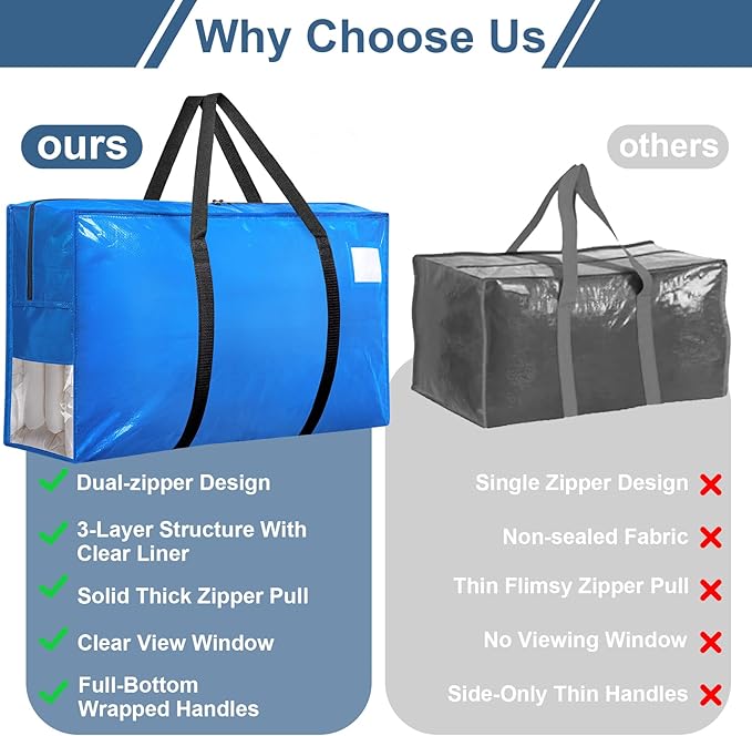 3Pcs Extra Large Heavy Duty Moving Bags with Reinforced Zippers & Handles, 67L Waterproof Storage Tote Bag Bins Alternative to Box Moving Supplies Space Saving for Travel College Dorm Essentials Blue
