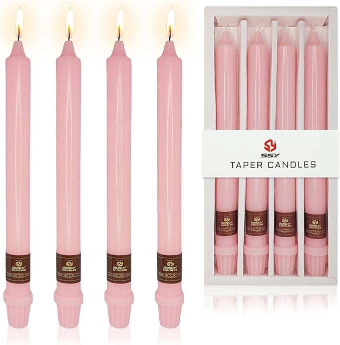 Pink Long Taper Candle 10 Inch Candlesticks Unscented Dripless Tapered Candle Set for Home Decor Wedding Party Dinner Candles, 4 Pack