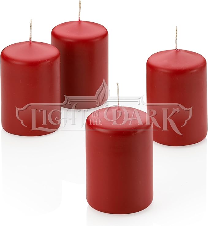 Red Pillar Candles - Set of 4 Unscented Candles - 3 inch Tall, 2 inch Thick - 18 Hour Clean Burn Time