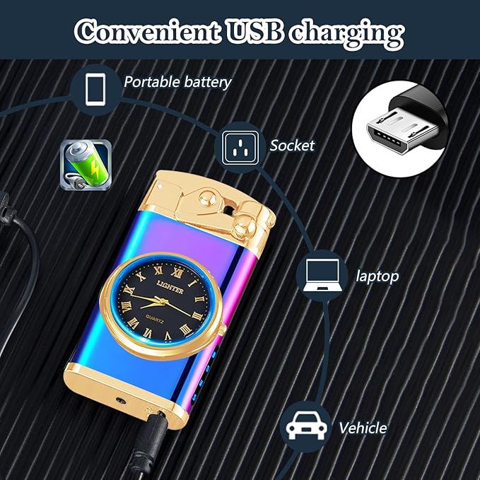 Electric Lighter USB Rechargeable Lighter, Windproof Dual Arc Plasma Lighters, Flameless Electronic Cool Lighters with LED Battery Indication for Men (Magic Clock)