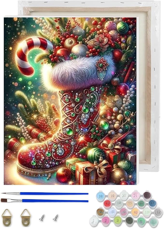 TCDZMYGS Christmas Paint by Numbers Kit for Adults Beginner,Boots Paint by Number Kits with Frame,DIY Acrylic Oil Painting by Numbers for Home Wall Decor 9.5 x 11.8 inch