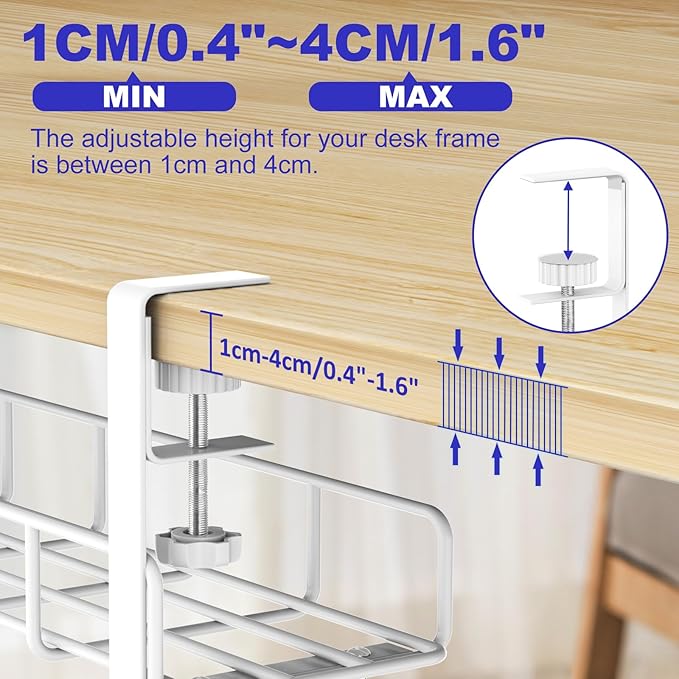 15.7” Under Desk Cable Management Tray, No Drill Heavy Duty Steel Standing Desk Cable Management, Wire Management Tray Cable Rack with Clamp Mount, Adjustable Metal Under Desk Tray (White, 1 Pack)