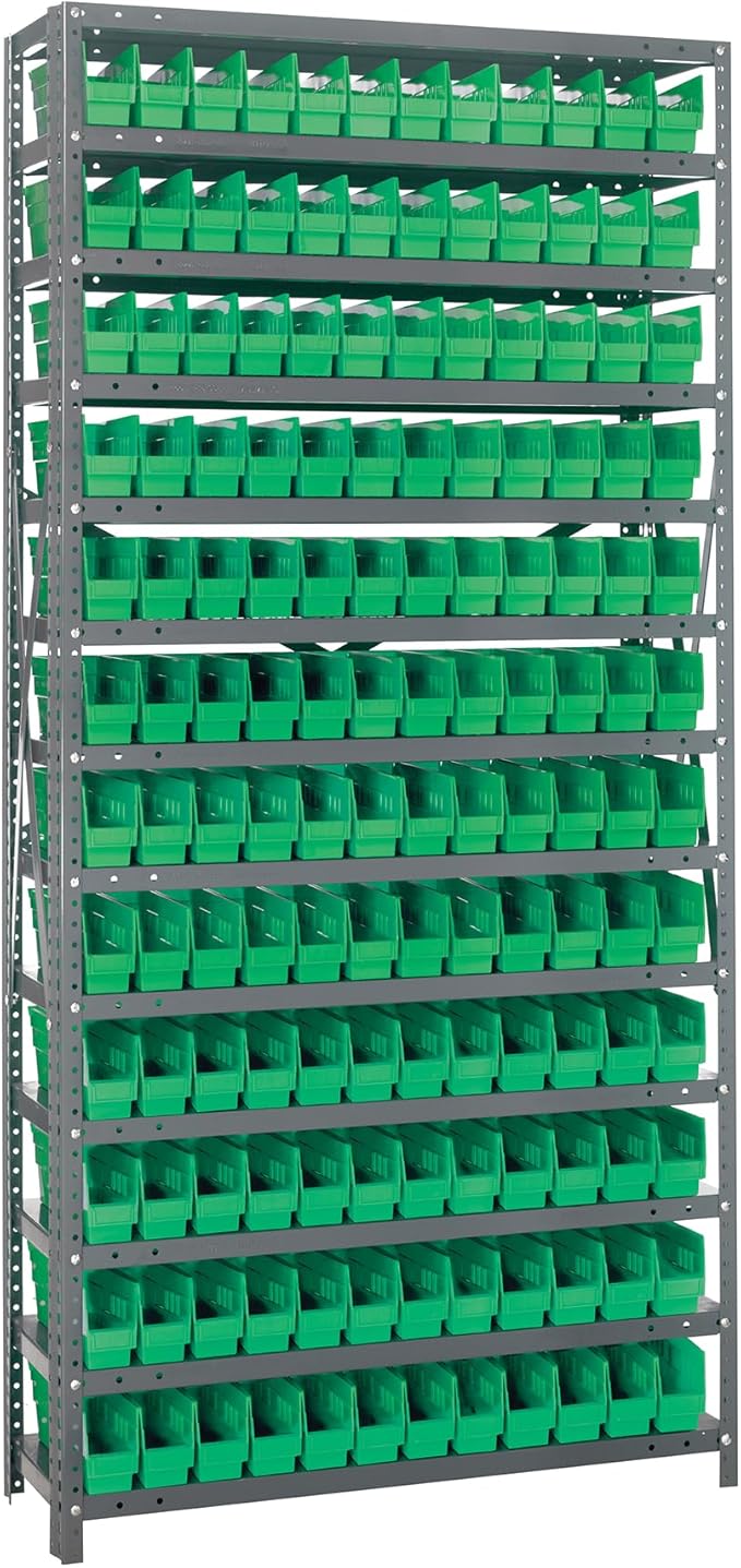 Quantum Storage Systems 1275-100GN Solid Heavy Duty 13 Shelves 144 Economy Green Bins 75" H x 36" W x 12" D