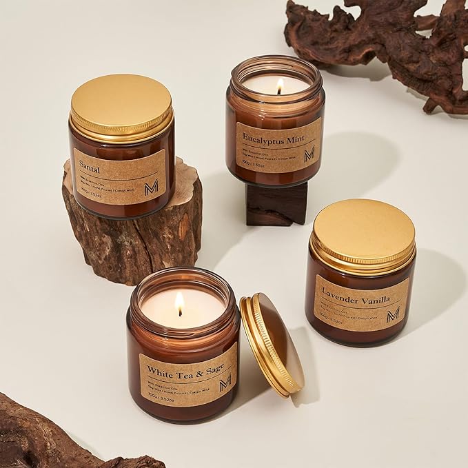 M&SENSE 4 Pack Christmas Candle Gift Set, Aromatherapy Candle Gift for Men and Women, Soy Wax Candles Home Scented, Long Lasting Amber Jar Xmas Candles for Christmas, Thanksgiving, Holiday