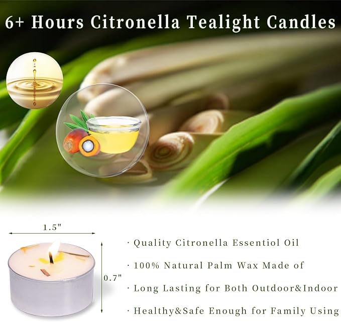 48 Pcs 6H Citronella Tealight Candles Indoor Outdoor, Decorative Scented Tealight Candles with 100% Palm Wax Base & Dried Lemongrass, Smokeless for Patio, Home, Outside Use