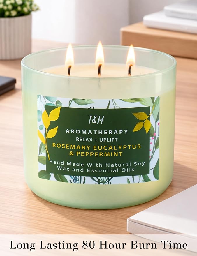 Rosemary Eucalyptus Peppermint 3 Wick Candle for Home Scented | 15.8 oz Large Soy Candle | Spa Aromatherapy Candles for Home Stress Relief | Clean Burn | Gift for Women & Men