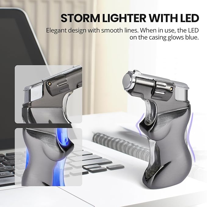 YUSUD Refillable Torch Lighter with Visible Fuel Window - Cool Blue LED Light Design - Adjustable Windproof Jet Flame - Butane Lighter for Camping & Unique Gift for Men Women (Butane Not Included)
