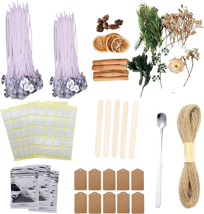 221pcs Candle Making Kit ，with Complete Tool Set：50pcs 4in and 50pcs 6in Cotton Wicks，3Color Dyes，1pack Dries Flowers，5pcs Wick Holders，100pcs Wick Stickers etc for Adults Beginners，Craft Gifts