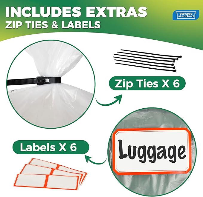 Storage Standard 6-Pack Large Clear Plastic Bags for Storage - Waterproof Extra Large Plastic Bags with Zip Ties, Heavy-Duty Cover for Luggage, Suitcases, Strollers & Travel Gear - 40 x 60 Inches