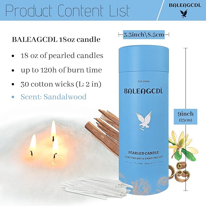Zen Timber Pearled Candle 18 Oz with 30 Wicks - Sandalwood Scented Sand Candles White Refillable Wax Lasts Up to 120 Hours Smooth and Clean Burning for Candle Making DIY