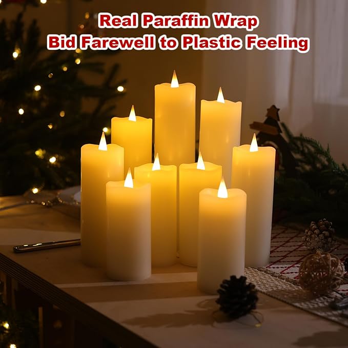 Rechargeable Flameless Candles with Remote and Timer, 9-Pack Flickering LED USBC Pillar Candles Coated with Real Wax for Halloween, Christmas, Home, Wedding & Holiday Decor (Six Sizes, White)