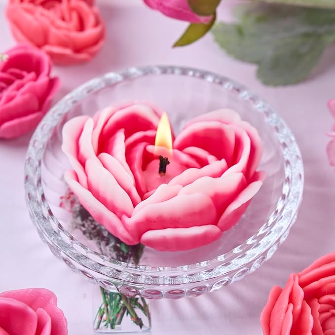 Heart Rose Silicone Molds Heart Candle Making Kit with Candle Wicks 3D Flower Silicone Molds for Candles DIY Handmade Soap Mould for Valentine's Day Gift