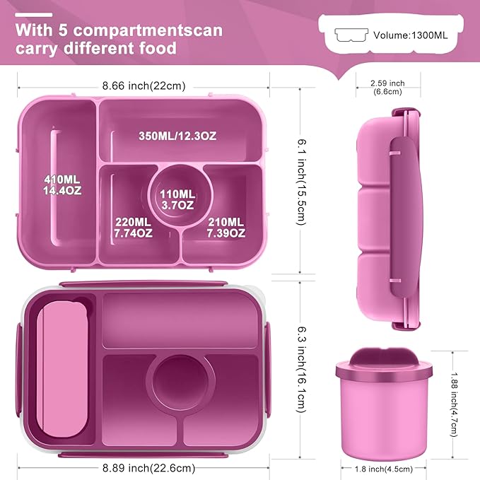 Lunch Box Kids,Bento Box Adult,Lunch Containers for Adults/Kids/Toddler,5 Compartments Bento Lunch Box with Sauce Vontainers,Microwave & Dishwasher & Freezer Safe(Purple)