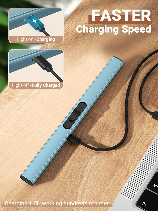 Candle Lighter Stocking Stuffers for Women Men, Electric Candle Lighter USB Rechargeable Graduation Gifts for Him Wife Girlfriend Safety Lock Long Lighters for Grill Kitchen BBQ Camping,Blue
