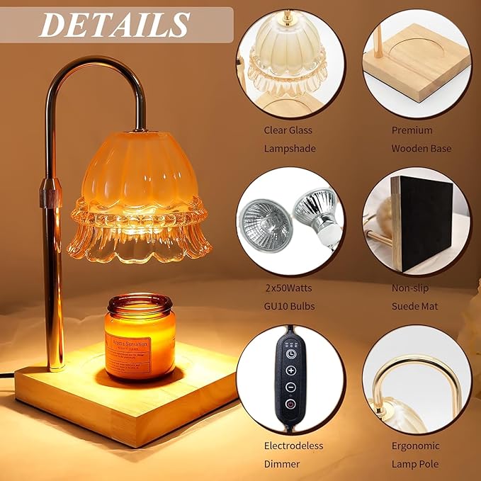 Glass Flower Lampshape Candle Warmer Lamp with Adjustable Height, Wax Burner Lamp with Timer and Dimmer, Wooden Base Candle Warmer, Women's Gifts (Amber)
