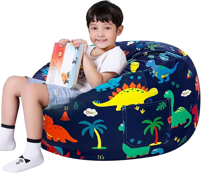 Lukeight Dinosaur Stuffed Animals Storage Bean Bag Chair Cover Only (Ships Empty, No Filling) - Velvet YKK Zipper Beanbag Cover for Toddlers and Kids, Washable Plush Toy Organizer, Large 27" D x 16" H