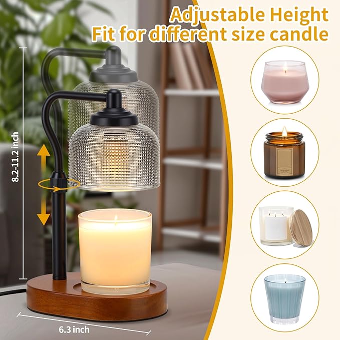 Black Wood Candle Warmer with Timer,Farmhouse Glass Candle Melting Lamp,Adjustable Height Electric Wax Melt Warmer with 2 Bulbs,Remote,Dimmable for Home Decor,Gift for Her