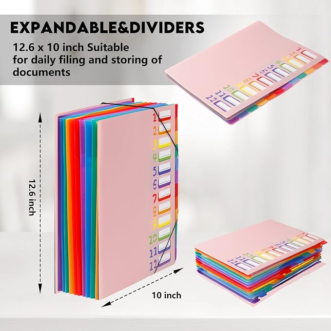 24 Pockets Expanding File Folder Organizer,Accordion File Organizer,A4 Letter Size,Rainbow Tab, for Home/Office/School Document Organizer (Pink)