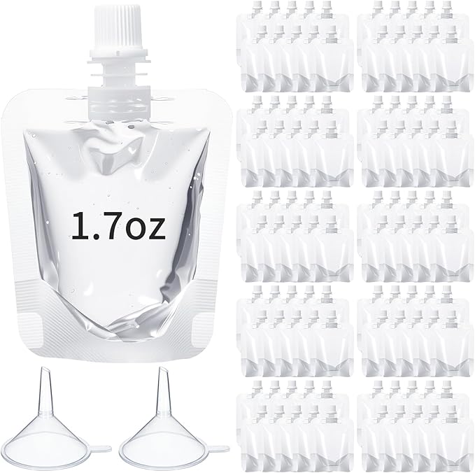 100 Pcs Plastic Pouches Bulk Clear Juice Bags Squeeze Pouches Plastic Leak Proof Bags with Funnel for Party Favors (1.7 oz)