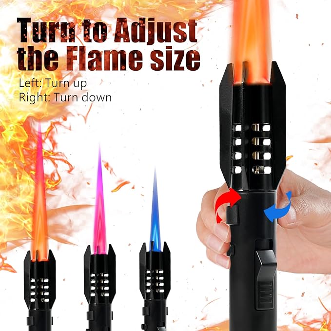 Camping Torch Lighter, Bright Fire Windproof Butane Refillable Straight Flame Lighter with Safety Lock and Adjustable Red Blue Flame for Outdoor Campfires BBQ Baking Kitchen Candles (Silver)