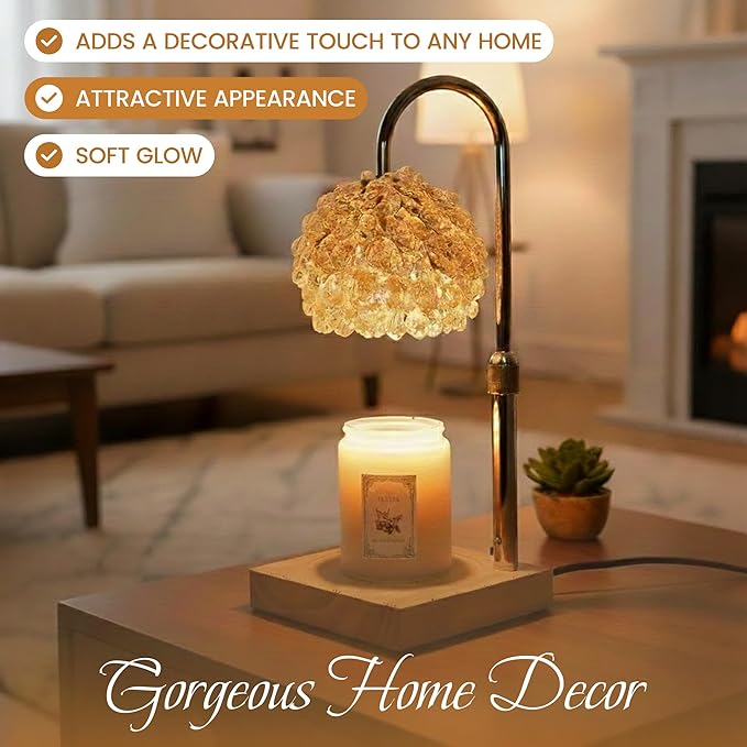 Glass Candle Warmer Lamp with Timer - Adjustable Height Candle Lamp Warmer with Crystal Shade, Timer (8H/4H/2H) - Wax Melter with Jar Candle - Ideal Gift, fits Various Size Candles