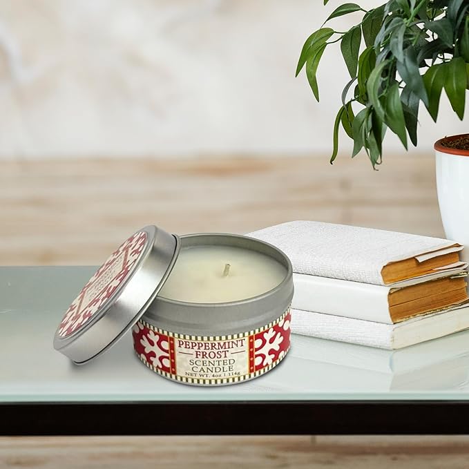 Greenwich Bay Hand-Poured Scented Candle in Decorative Tin – 4 oz/114 g Travel Candle with Lead-Free Wick, Vegetable Wax, Long-Burning Aromatherapy Gift, Single Wick – Made in USA (Peppermint Frost)