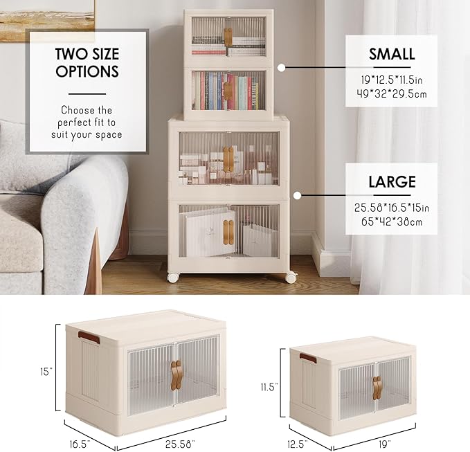 STORAGEBUD 2 Tier Plastic Stackable Storage Bins Open Front with Lids & 360° Wheels 35 QT - Collapsible Storage Bins Home Office Closet Storage Organization, Foldable Clothes Storage Cabinet, 8.8 GAL
