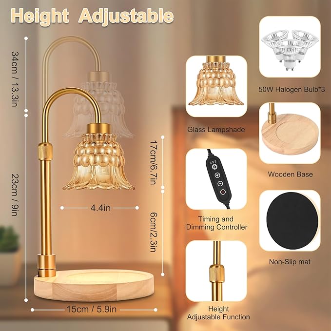 Candle Warmer Lamp with Timer & 3 Bulbs, Dimmable Electric CandleLight Adjustable Height and Brightness Candle Wax Warmer for Jar Candles Bedroom Home Decor House Warming Gift for Women (Amber)