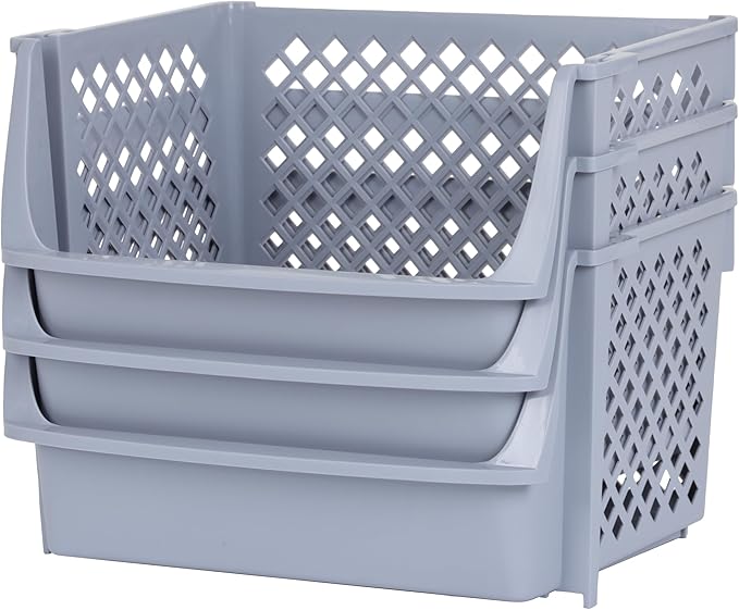 Skywin TidyFriend Plastic Stackable Bins for Pantry, 3 Pack Large Stacking Bins Open Front, Toy Organizers, Kitchen, and Bathroom Essentials (Light Grey)