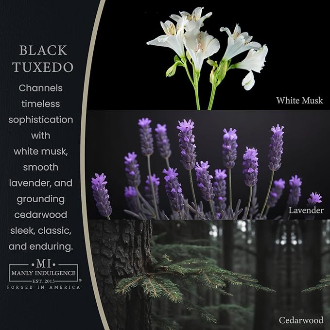 Manly Indulgence Black Tuxedo Jar Candle 16.5 oz - White Musk, Lavender, Cedarwood, Jasmine & Earthy Orris - Up to 60 Hour Burn - Soy Blend Wax, USA Poured