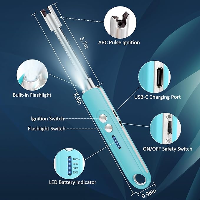 Lighters for Candle,Flameless Plasma Arc Electric Lighter USB C Rechargeable, Long Flexible Neck with Safety Switch for Birthday, Fireplace, Stocking Stuffers Gifts (Blue)