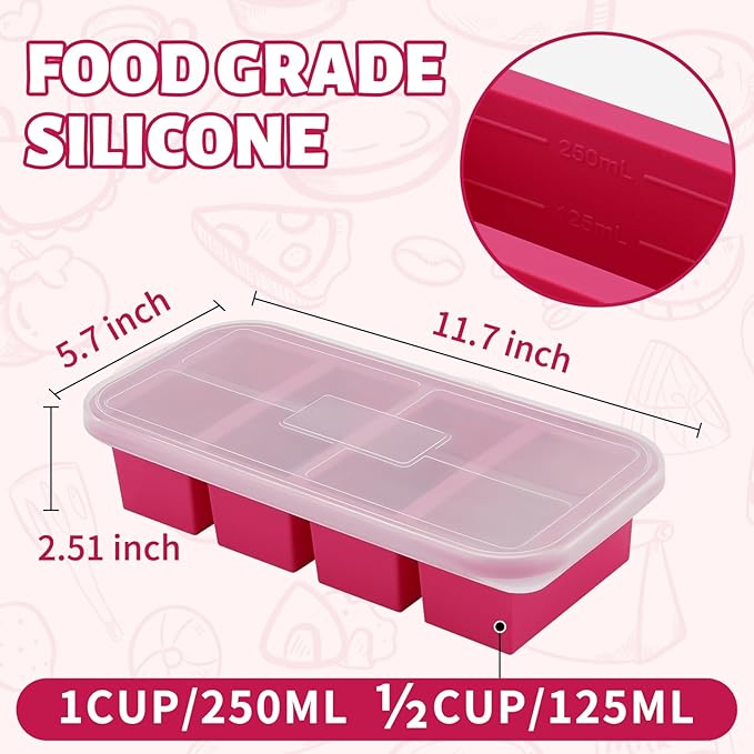SHIKORI Silicone Freezer Tray With Lid, Silicone Freezer Food Molds, Large Ice Cube Tray, Silicone Freezer Container,Freeze & Store Soup, Sauce, Broth,Leftovers (Red-4 Cups)