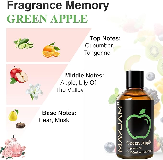 MAYJAM 3.38FL.OZ Green Apple Fragrance Oils with Glass Dropper, 100ML Essential Oils for Diffusers for Home, Long Lasting Scented Oils for Diffusers Soap Candle Making