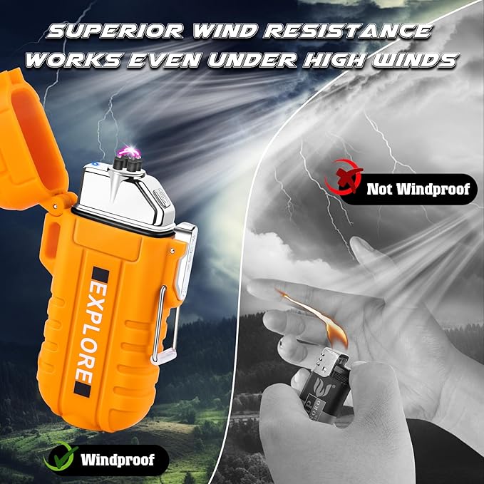 LcFun Arc Plasma Waterproof Lighter Electric Windproof Lighter USB Type C Rechargeable Flameless Cool Lighters with Flashlight for Camping, Survival,Outdoor Adventure, Tactical (Orange)