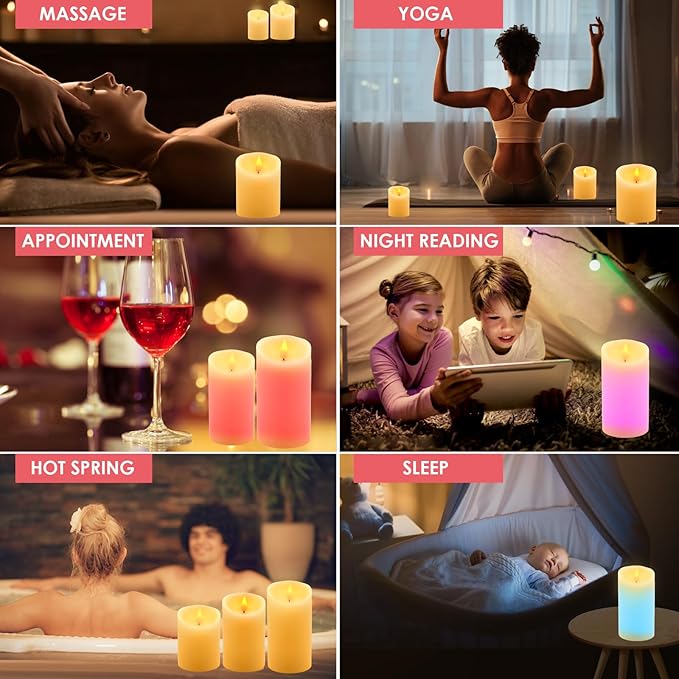 Flameless LED Candles Light, ALED Light 3 Pack Warm White Plus Multicolor Real Wax Battery Operated Electric LED Battery Candles with Timer FLameless Pillar Candles for Decoration