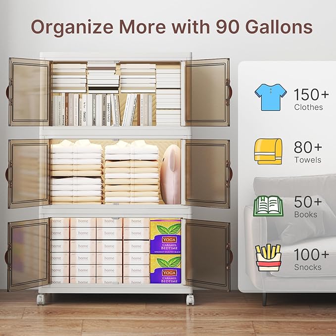 UAMFURI Stackable Storage Bins with Lids, 720QT Closet Organizers, Lockable Storage Cabinet, Foldable Storage Box with Doors and Wheels, Plastic Drawers for Home, Garage, Office (6, White, Large)