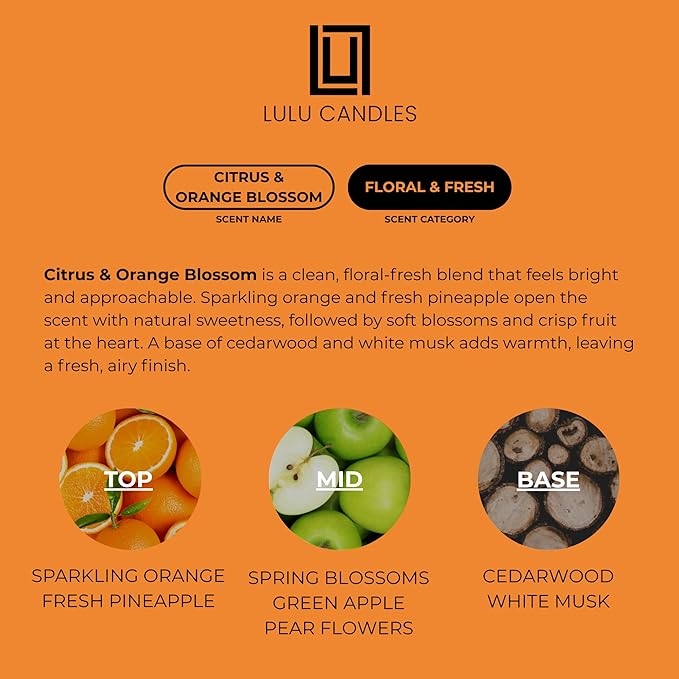 Lulu Candles | Citrus & Orange Blossom Scented Candle – Bright Citrus Floral Aroma, Long-Lasting Clean Burn Candle for Home Décor, Relaxation & Gifts - (9 Oz. Wood Wick Candle)