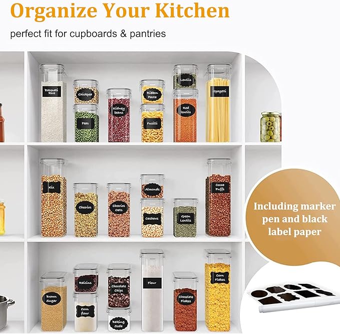 stusgo Airtight Food Storage Containers with Lids, BPA Free Clear Pantry Storage Container for Kitchen Food Pantry Organizers and Storage, Plastic Pantry Organiser for Cereal,Flour and Sugar 42 pack