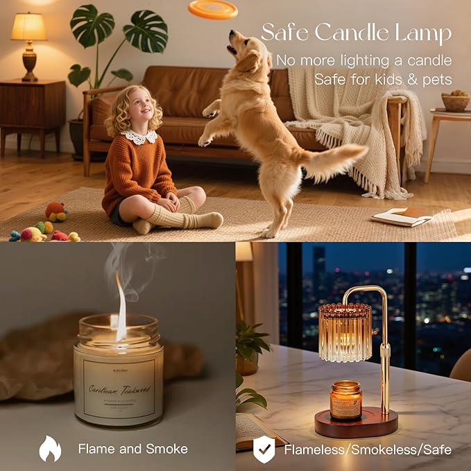 Candeldo Candle Warmer Lamp with Timer: Amber Candle Warming Lamp with 2 Bulbs Height Adjustable Wax Melt Dimmable Bedroom Decor for Women
